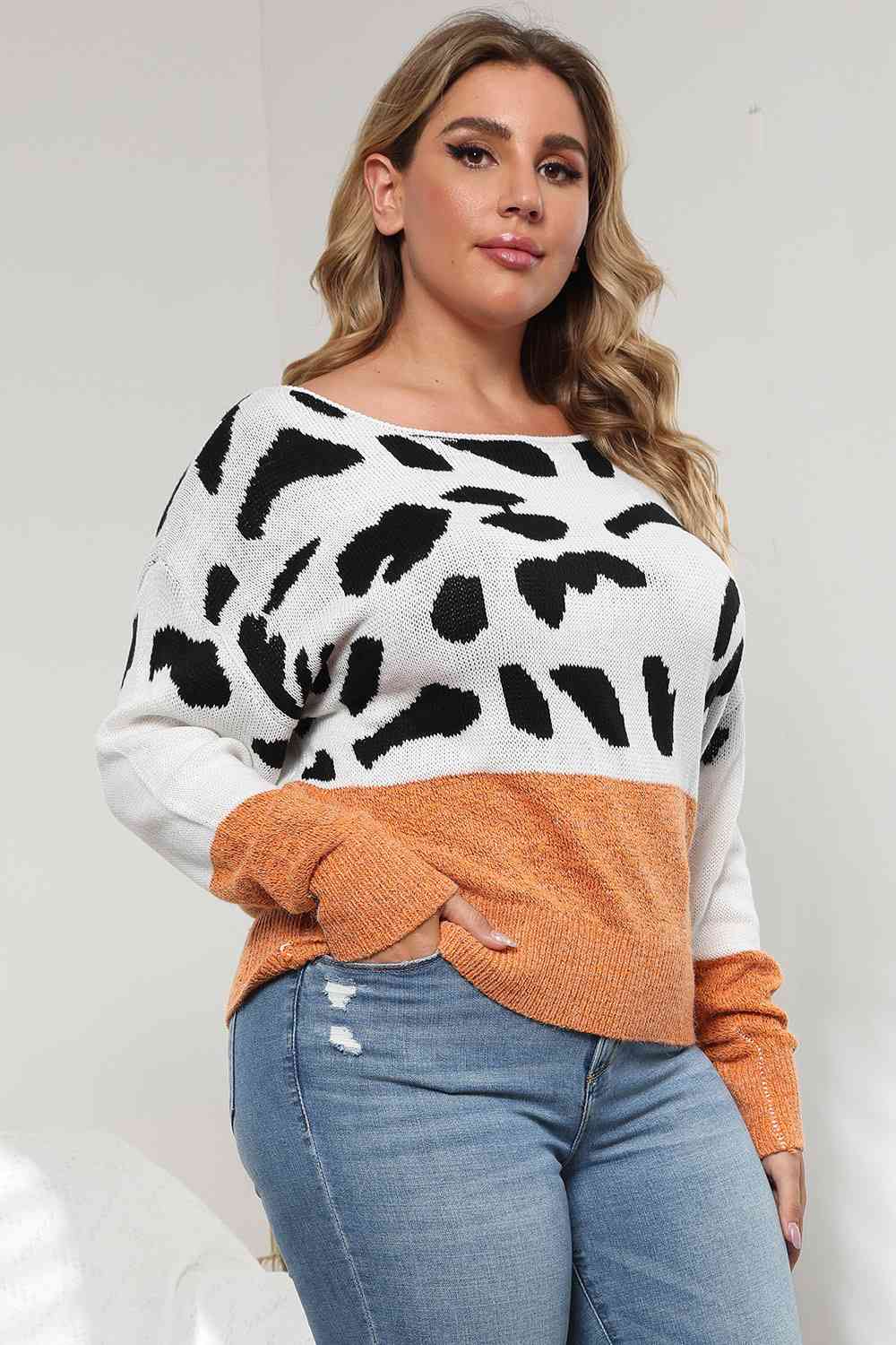 Full Size Leopard Long Sleeve Sweater - Full Size Sweater - Ochre - Bella Bourget