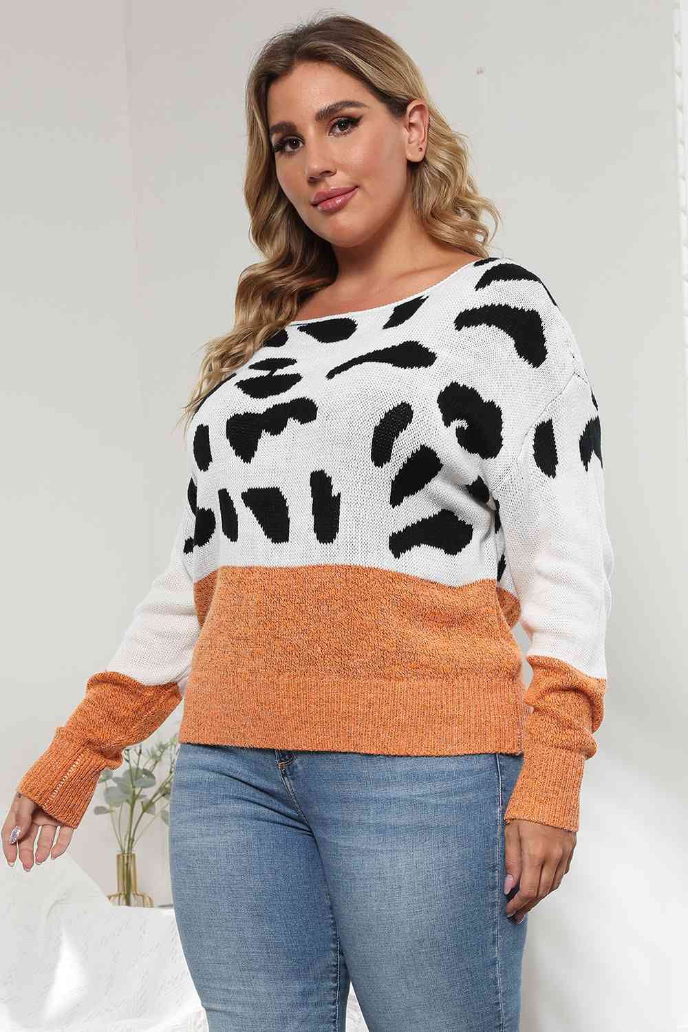 Full Size Leopard Long Sleeve Sweater - Full Size Sweater - Ochre - Bella Bourget