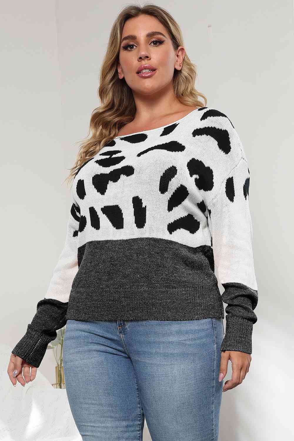 Full Size Leopard Long Sleeve Sweater - Full Size Sweater - Black - Bella Bourget