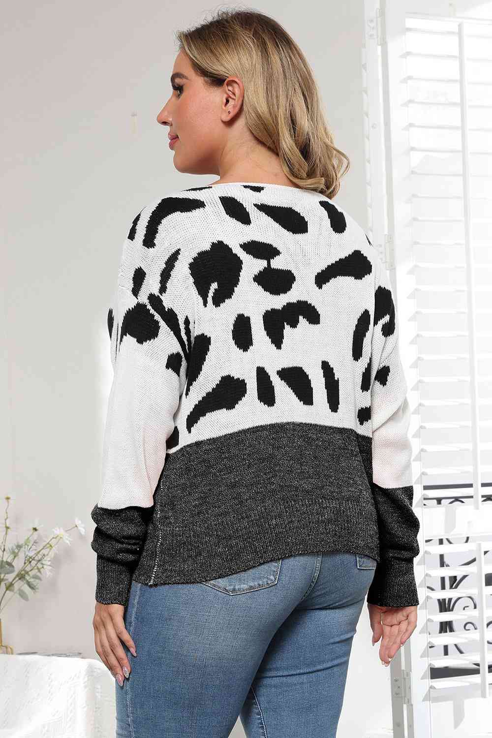 Full Size Leopard Long Sleeve Sweater - Full Size Sweater - Black - Bella Bourget