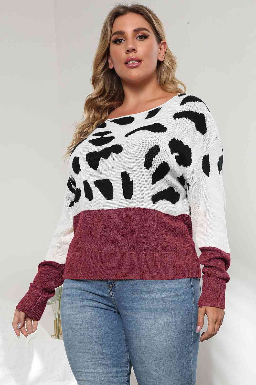 Full Size Leopard Long Sleeve Sweater - Full Size Sweater - Wine - Bella Bourget