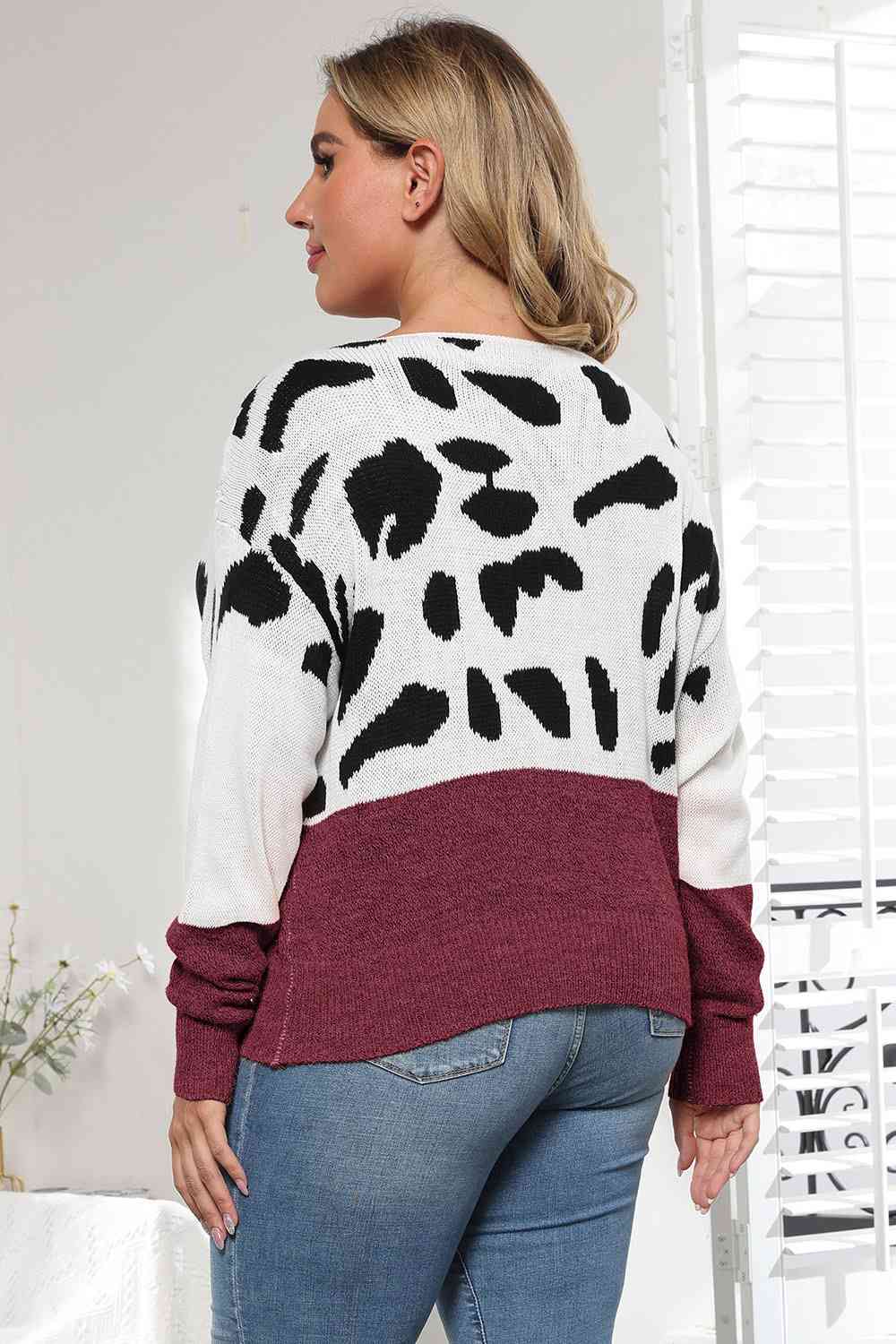 Full Size Leopard Long Sleeve Sweater - Full Size Sweater - Wine - Bella Bourget