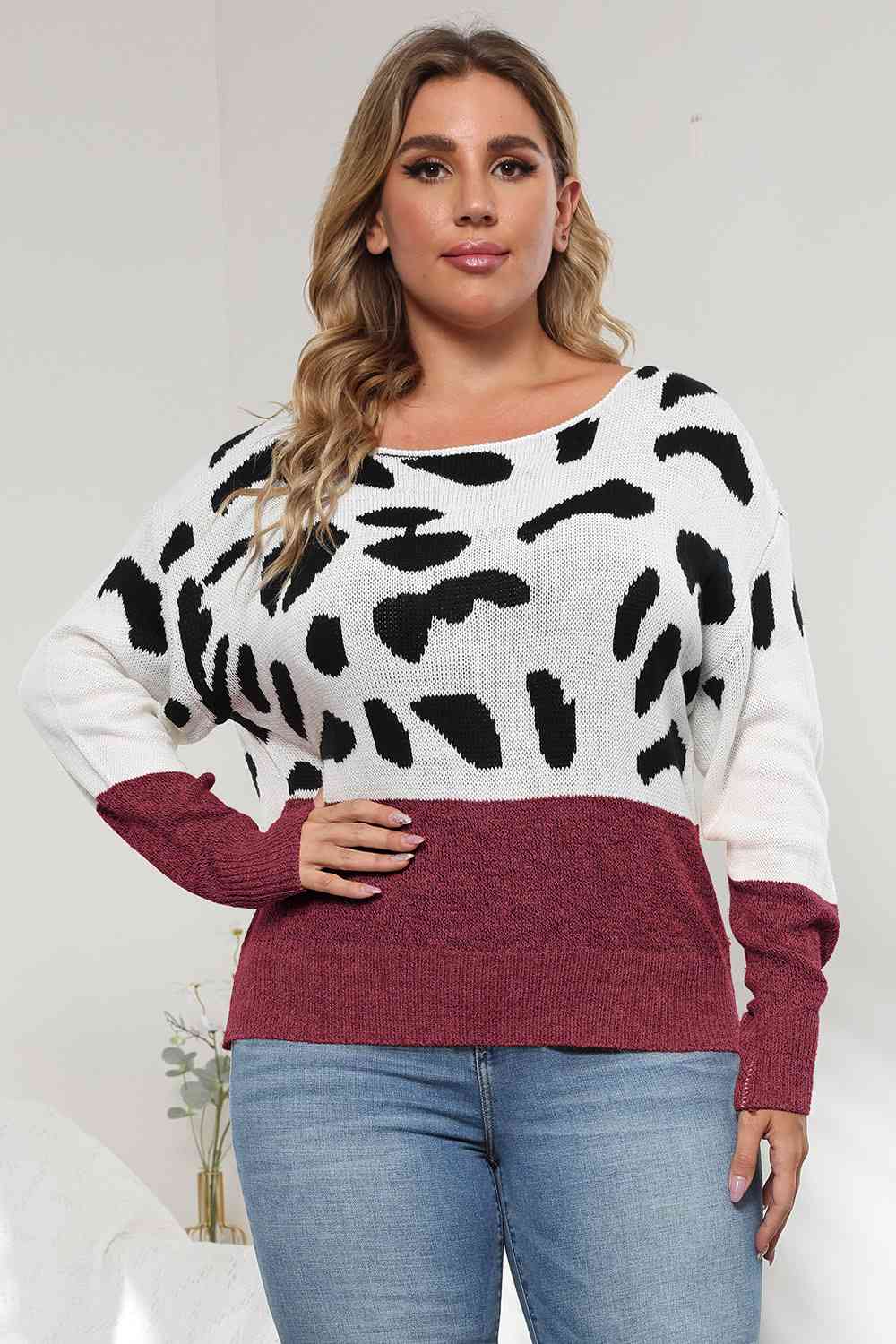 Full Size Leopard Long Sleeve Sweater - Full Size Sweater - Wine - Bella Bourget