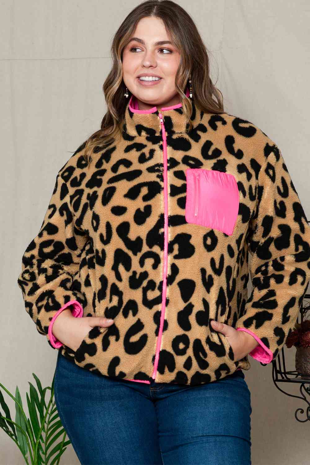 Full size leopard print jacket with pink details - Full Size Jacket - Leopard - Bella Bourget