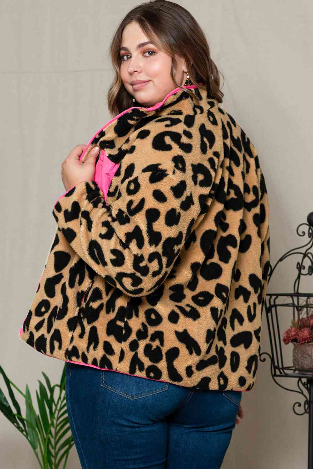 Full size leopard print jacket with pink details - Full Size Jacket - Leopard - Bella Bourget