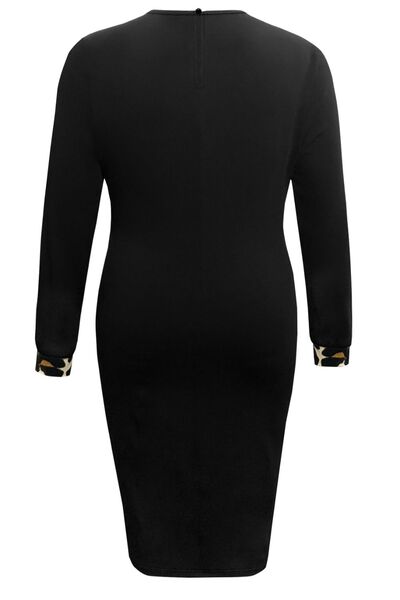 Full Size Leopard Round Neck Long Sleeve Dress - Party Dress - Black - Bella Bourget