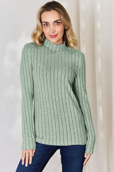 Full Size Mock Turtleneck Ribbed Long Sleeve T - Shirt by Basic Bae - Knit Top - Gum Leaf - Bella Bourget