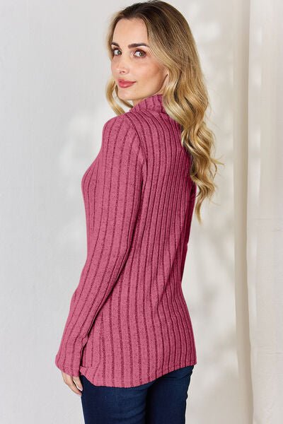 Full Size Mock Turtleneck Ribbed Long Sleeve T - Shirt by Basic Bae - Knit Top - Hot Pink - Bella Bourget