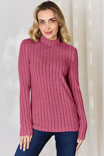 Full Size Mock Turtleneck Ribbed Long Sleeve T - Shirt by Basic Bae - Knit Top - Hot Pink - Bella Bourget