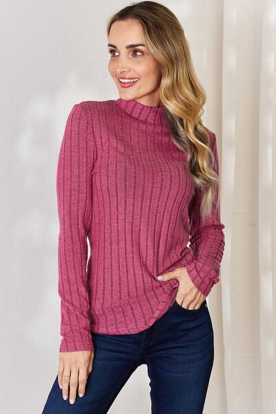 Full Size Mock Turtleneck Ribbed Long Sleeve T - Shirt by Basic Bae - Knit Top - Hot Pink - Bella Bourget