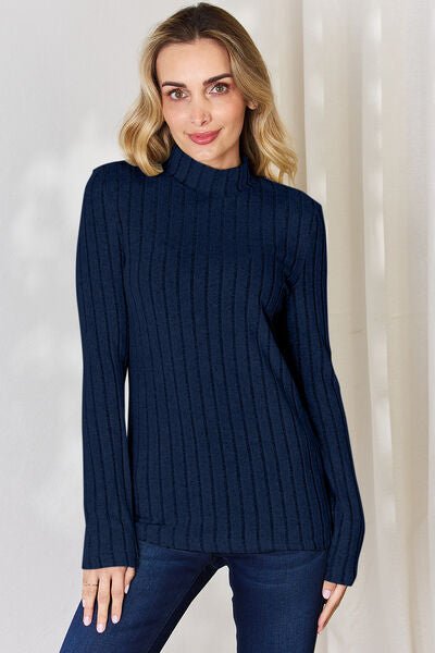 Full Size Mock Turtleneck Ribbed Long Sleeve T - Shirt by Basic Bae - Knit Top - Peacock Blue - Bella Bourget