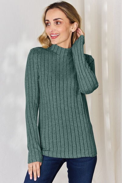 Full Size Mock Turtleneck Ribbed Long Sleeve T - Shirt by Basic Bae - Knit Top - Teal - Bella Bourget