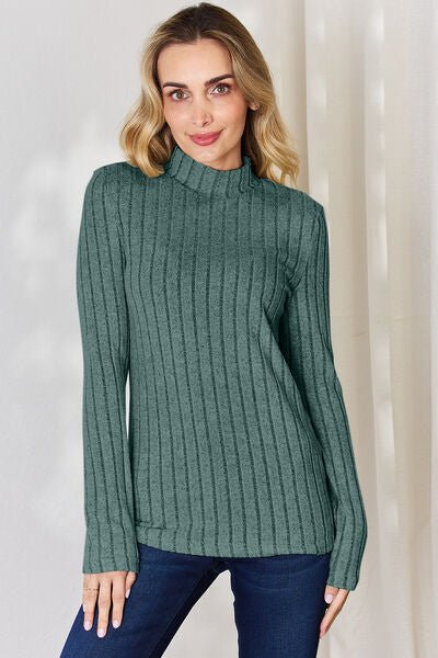 Full Size Mock Turtleneck Ribbed Long Sleeve T - Shirt by Basic Bae - Knit Top - Teal - Bella Bourget