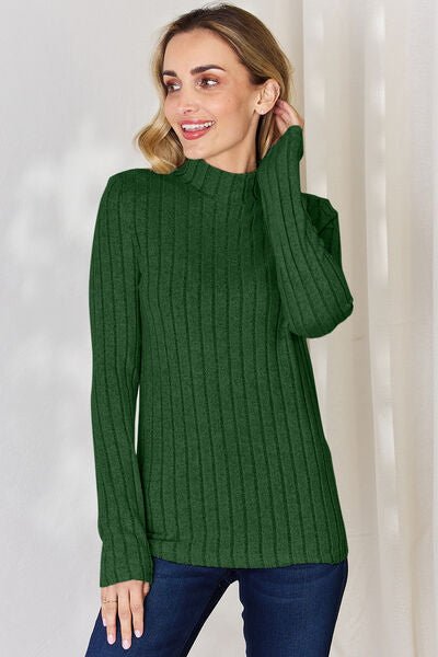 Full Size Mock Turtleneck Ribbed Long Sleeve T - Shirt by Basic Bae - Knit Top - Mid Green - Bella Bourget