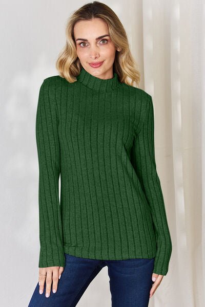 Full Size Mock Turtleneck Ribbed Long Sleeve T - Shirt by Basic Bae - Knit Top - Mid Green - Bella Bourget