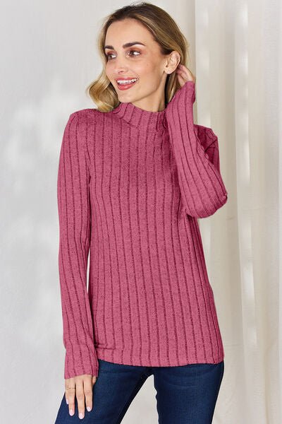 Full Size Mock Turtleneck Ribbed Long Sleeve T - Shirt by Basic Bae - Knit Top - Hot Pink - Bella Bourget