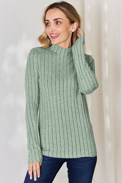 Full Size Mock Turtleneck Ribbed Long Sleeve T - Shirt by Basic Bae - Knit Top - Gum Leaf - Bella Bourget