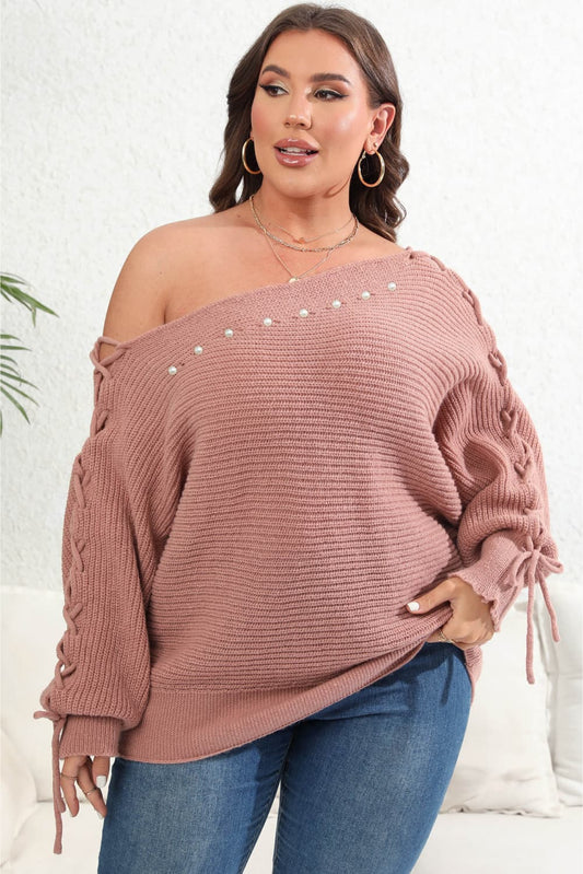 Full Size One Shoulder Beaded Sweater - Full Size Knit Top - Dusty Pink - Bella Bourget