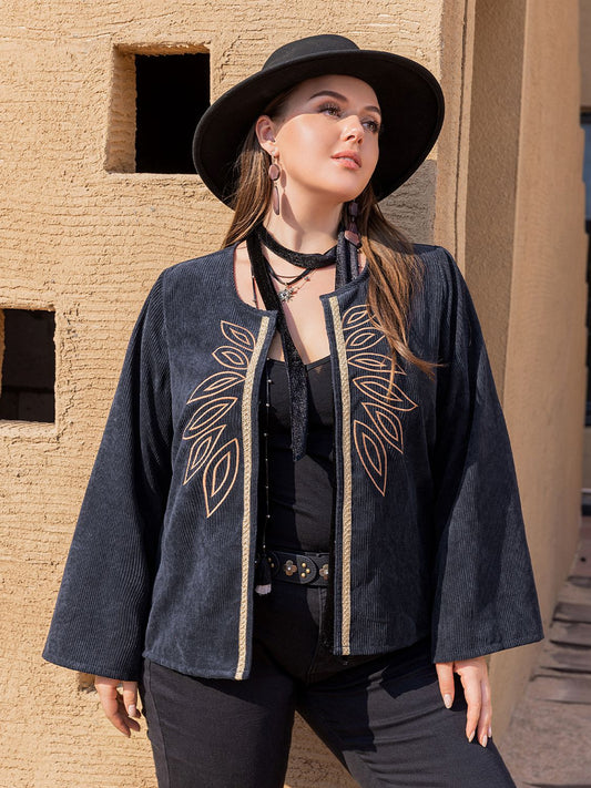 Full Size Open Front Jacket with Embroidered Detail - Full Size Jacket - Dark Navy - Bella Bourget