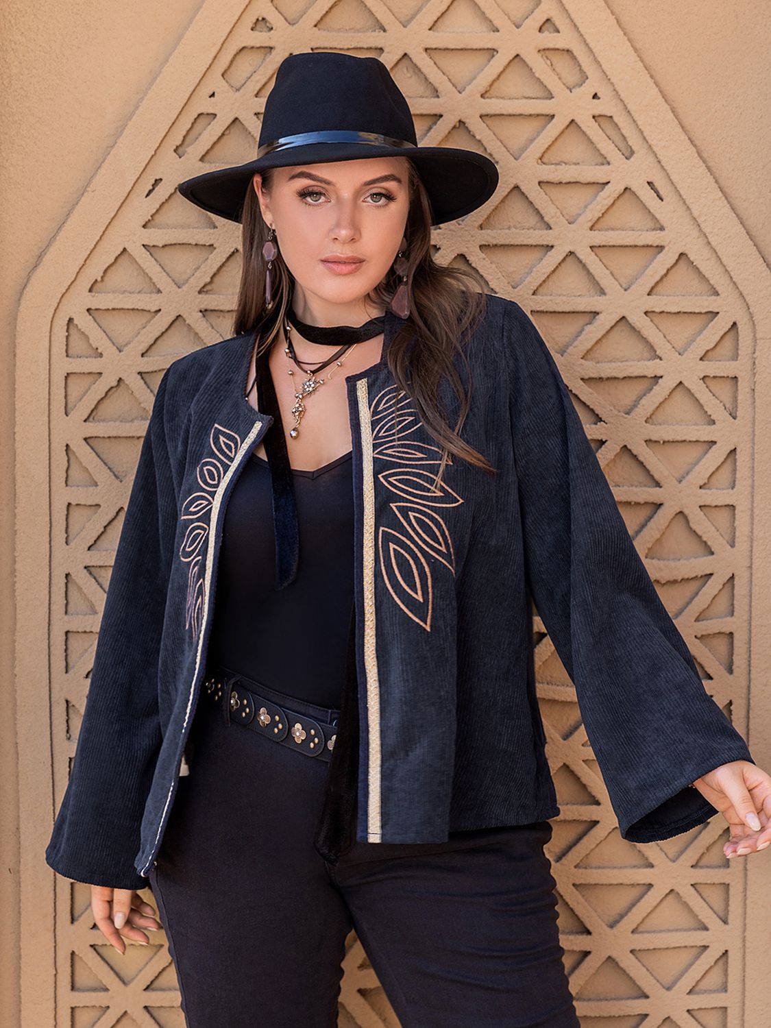 Full Size Open Front Jacket with Embroidered Detail - Full Size Jacket - Dark Navy - Bella Bourget