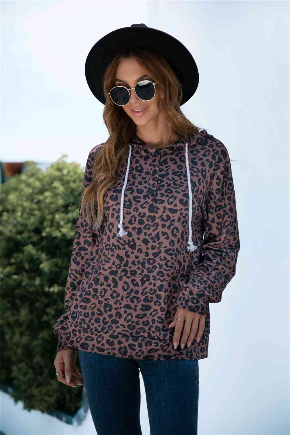 Full Size Printed Quarter - Snap Drop Shoulder Hoodie - Full Size Hoodie - Coffee - Bella Bourget