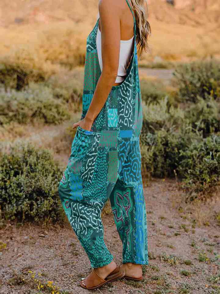 Full Size Printed V - Neck Sleeveless Jumpsuit - Jumpsuit - Aqua - Bella Bourget