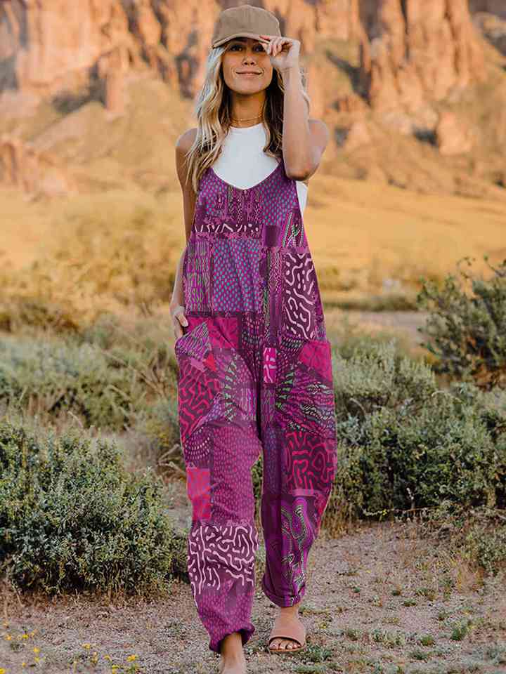 Full Size Printed V - Neck Sleeveless Jumpsuit - Jumpsuit - Fuchsia - Bella Bourget