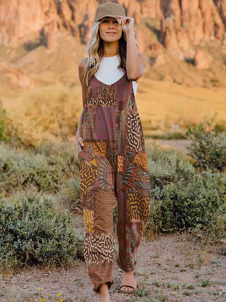 Full Size Printed V - Neck Sleeveless Jumpsuit - Jumpsuit - Caramel - Bella Bourget