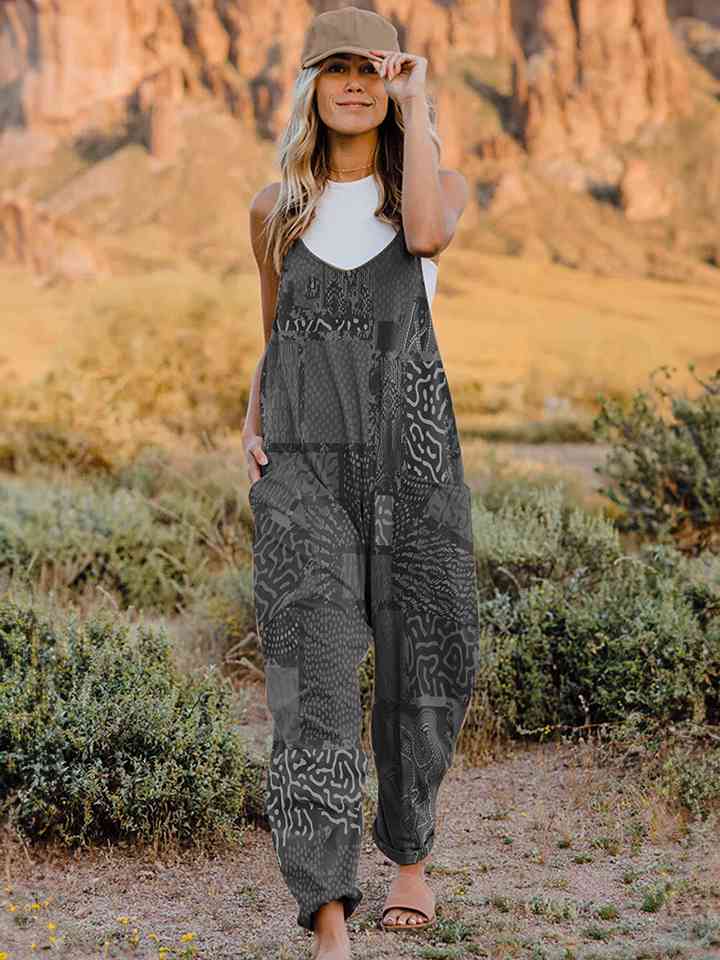 Full Size Printed V - Neck Sleeveless Jumpsuit - Jumpsuit - Charcoal - Bella Bourget