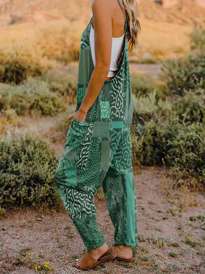 Full Size Printed V - Neck Sleeveless Jumpsuit - Jumpsuit - Mid Green - Bella Bourget