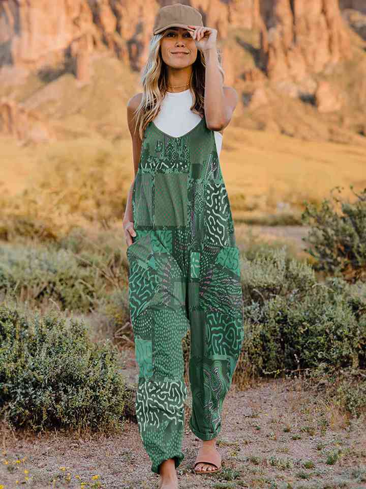 Full Size Printed V - Neck Sleeveless Jumpsuit - Jumpsuit - Mid Green - Bella Bourget