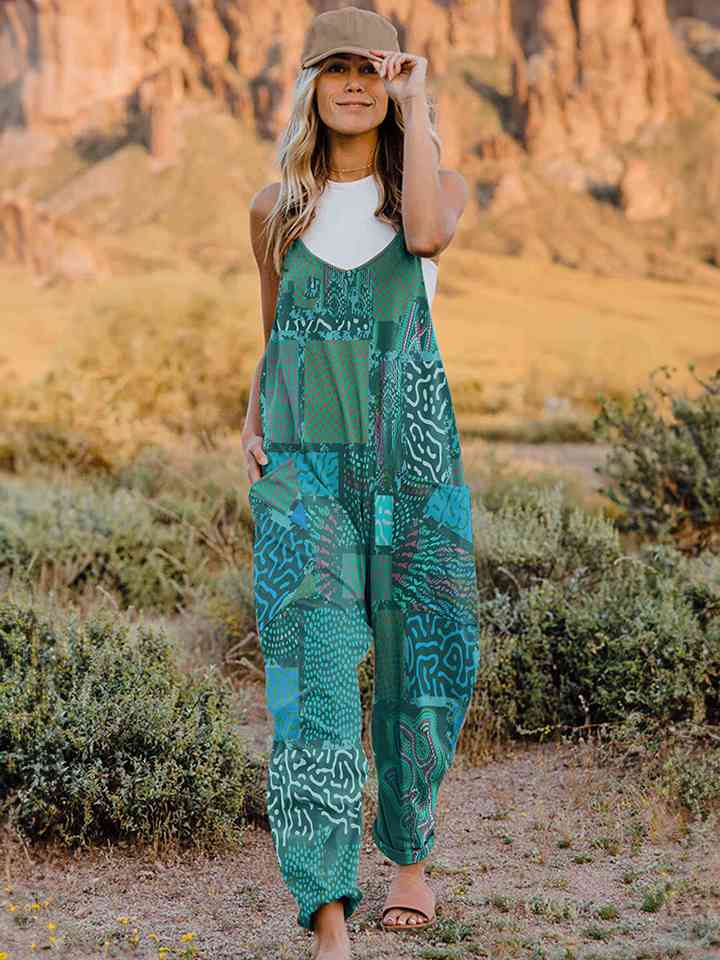 Full Size Printed V - Neck Sleeveless Jumpsuit - Jumpsuit - Aqua - Bella Bourget