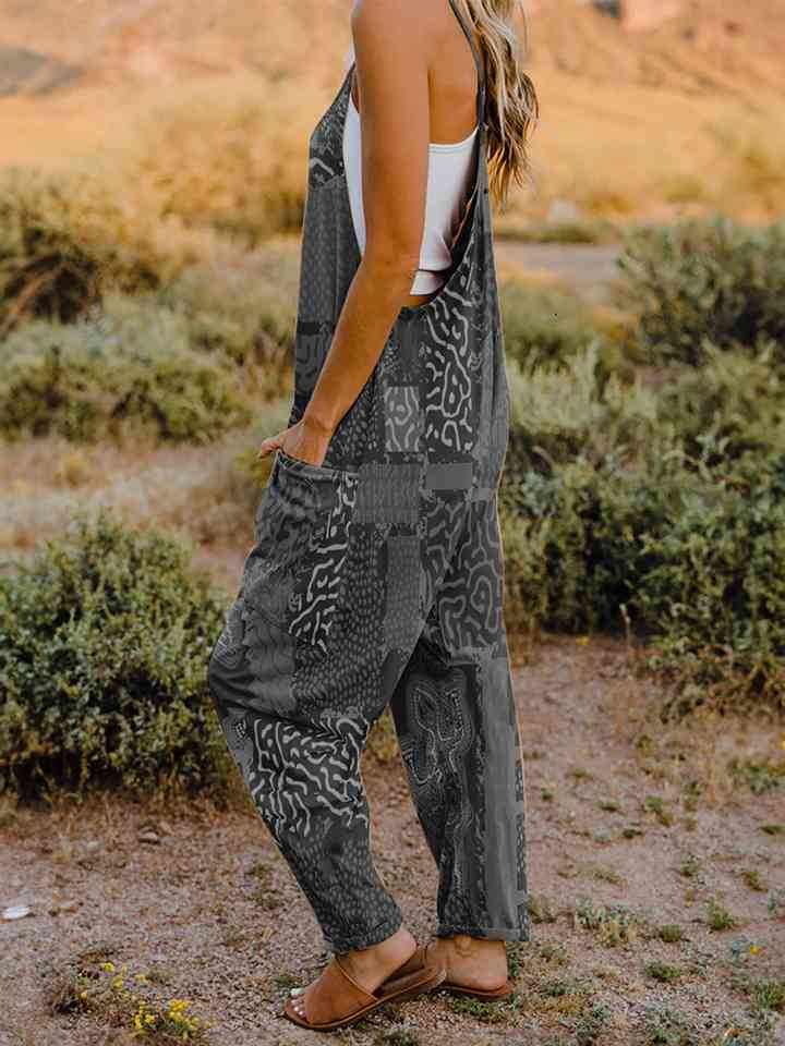 Full Size Printed V - Neck Sleeveless Jumpsuit - Jumpsuit - Charcoal - Bella Bourget