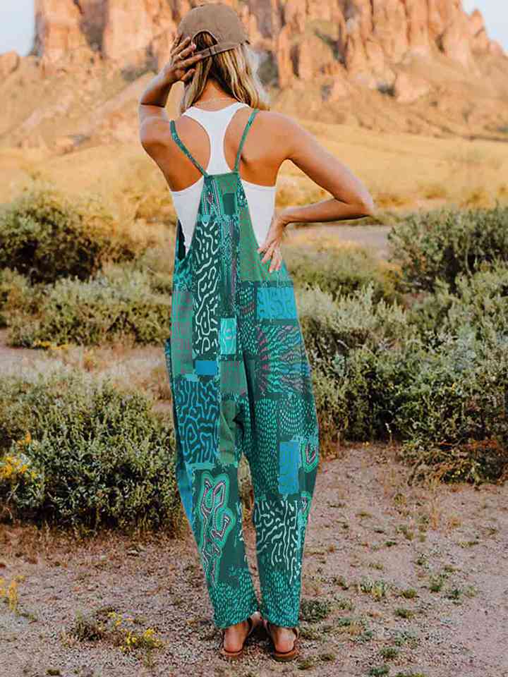 Full Size Printed V - Neck Sleeveless Jumpsuit - Jumpsuit - Aqua - Bella Bourget