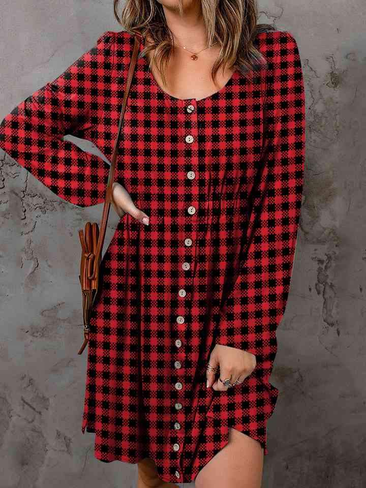 Full Size Red and Black Checkered Pattern A - Line Button Front Dress - Dress - Deep Red - Bella Bourget