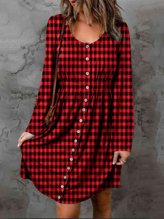 Full Size Red and Black Checkered Pattern A - Line Button Front Dress - Dress - Deep Red - Bella Bourget