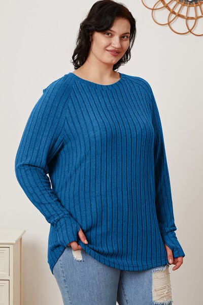 Full Size Ribbed Thumbhole Sleeve T - Shirt by Basic Bae - Sweater - Sky Blue - Bella Bourget