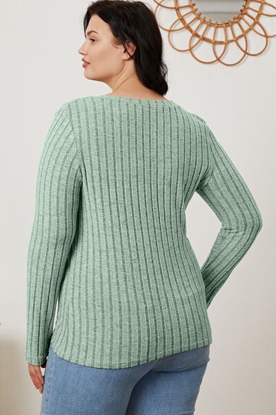 Full Size Ribbed V - Neck Long Sleeve T - Shirt by Basic Bae - Sweater - Gum Leaf - Bella Bourget