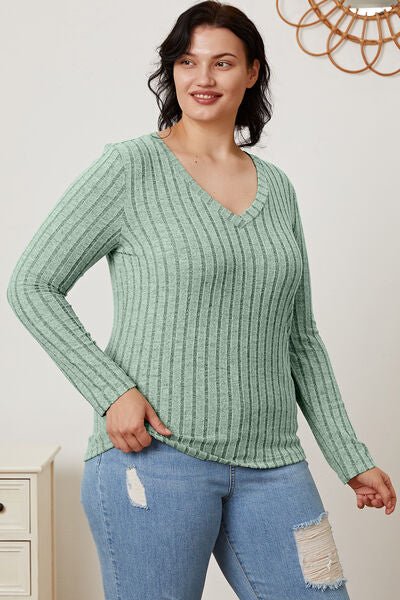 Full Size Ribbed V - Neck Long Sleeve T - Shirt by Basic Bae - Sweater - Gum Leaf - Bella Bourget