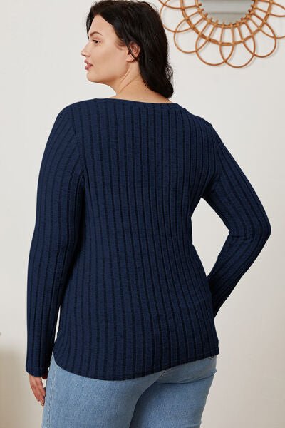 Full Size Ribbed V - Neck Long Sleeve T - Shirt by Basic Bae - Sweater - Peacock Blue - Bella Bourget