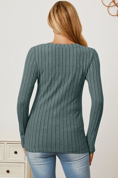 Full Size Ribbed V - Neck Long Sleeve T - Shirt by Basic Bae - Sweater - Teal - Bella Bourget