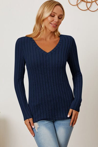 Full Size Ribbed V - Neck Long Sleeve T - Shirt by Basic Bae - Sweater - Peacock Blue - Bella Bourget