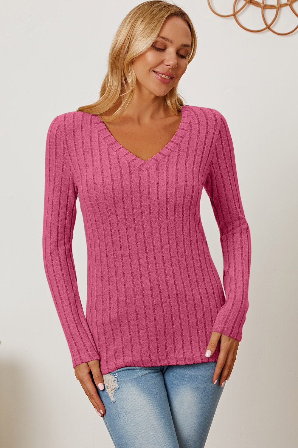 Full Size Ribbed V - Neck Long Sleeve T - Shirt by Basic Bae - Sweater - Hot Pink - Bella Bourget