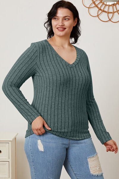 Full Size Ribbed V - Neck Long Sleeve T - Shirt by Basic Bae - Sweater - Teal - Bella Bourget