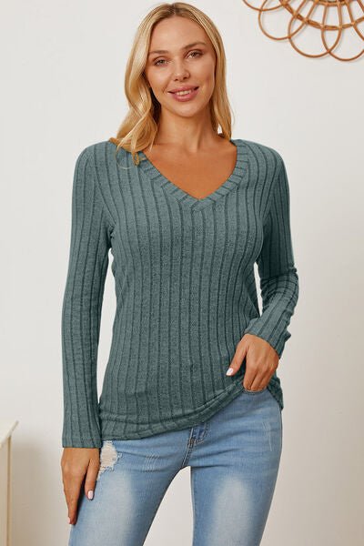 Full Size Ribbed V - Neck Long Sleeve T - Shirt by Basic Bae - Sweater - Teal - Bella Bourget