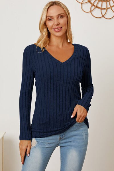 Full Size Ribbed V - Neck Long Sleeve T - Shirt by Basic Bae - Sweater - Peacock Blue - Bella Bourget