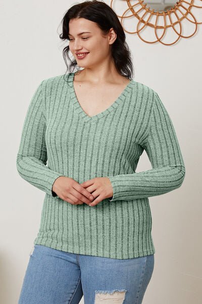 Full Size Ribbed V - Neck Long Sleeve T - Shirt by Basic Bae - Sweater - Gum Leaf - Bella Bourget