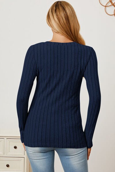 Full Size Ribbed V - Neck Long Sleeve T - Shirt by Basic Bae - Sweater - Peacock Blue - Bella Bourget