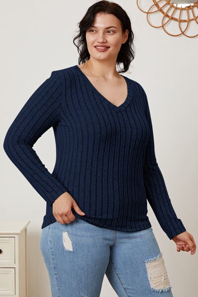 Full Size Ribbed V - Neck Long Sleeve T - Shirt by Basic Bae - Sweater - Peacock Blue - Bella Bourget