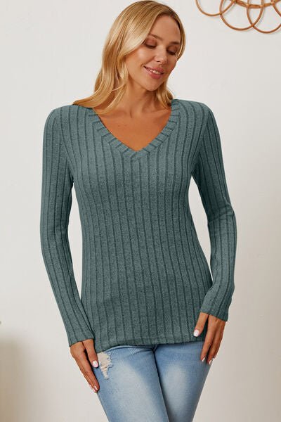 Full Size Ribbed V - Neck Long Sleeve T - Shirt by Basic Bae - Sweater - Teal - Bella Bourget